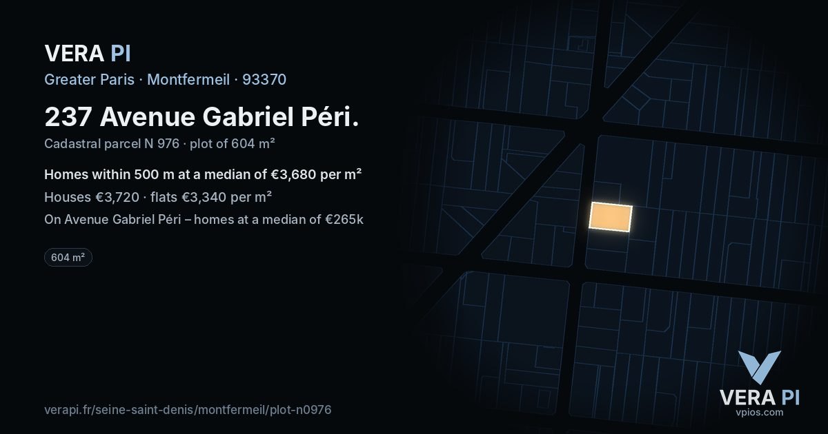 237 Avenue Gabriel Péri, Montfermeil at night – the plot lit, the parcels around coloured by the prices near them