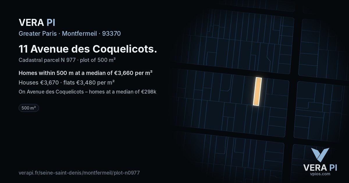 11 Avenue des Coquelicots, Montfermeil at night – the plot lit, the parcels around coloured by the prices near them