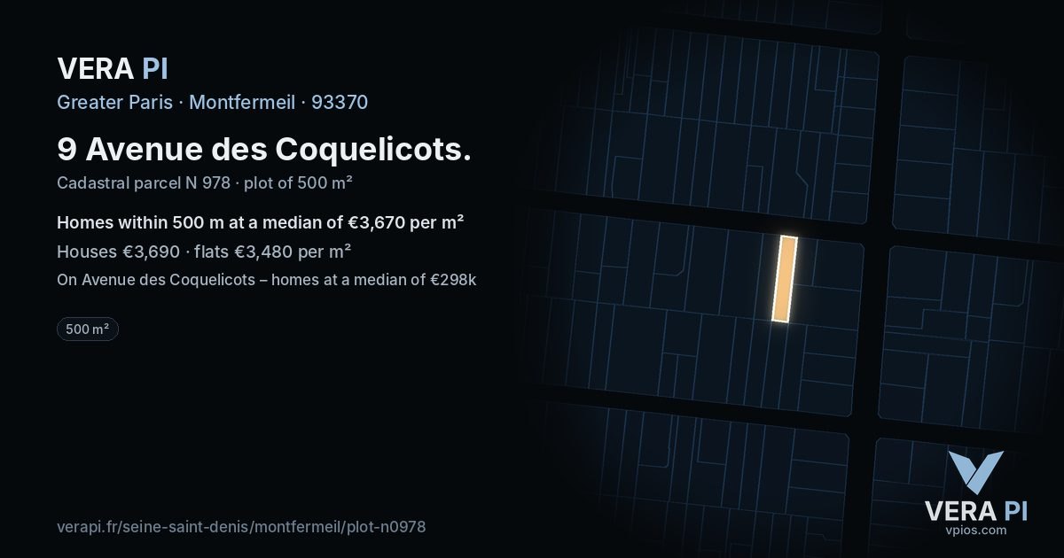 9 Avenue des Coquelicots, Montfermeil at night – the plot lit, the parcels around coloured by the prices near them