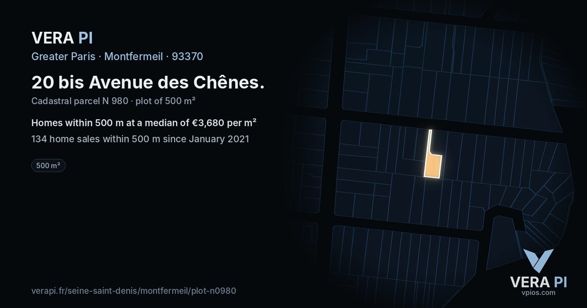 20 bis Avenue des Chênes, Montfermeil at night – the plot lit, the parcels around coloured by the prices near them