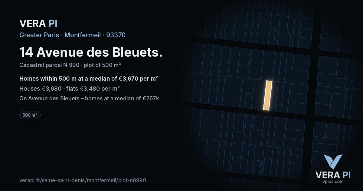 14 Avenue des Bleuets, Montfermeil at night – the plot lit, the parcels around coloured by the prices near them