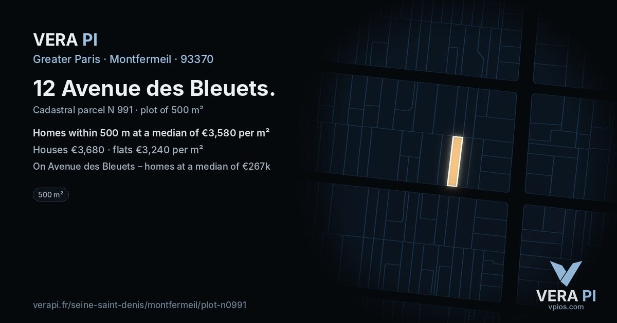 12 Avenue des Bleuets, Montfermeil at night – the plot lit, the parcels around coloured by the prices near them