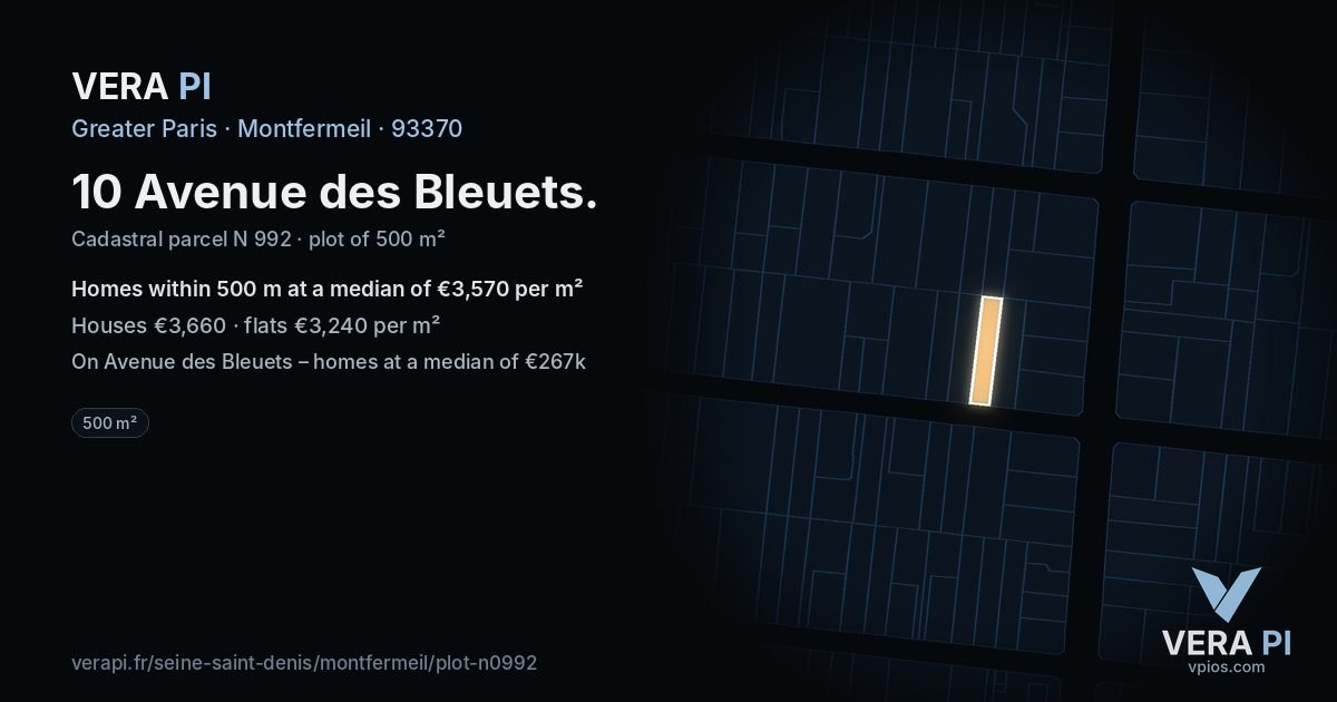 10 Avenue des Bleuets, Montfermeil at night – the plot lit, the parcels around coloured by the prices near them