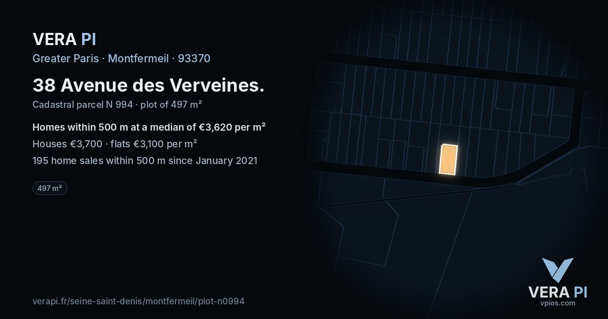 38 Avenue des Verveines, Montfermeil at night – the plot lit, the parcels around coloured by the prices near them