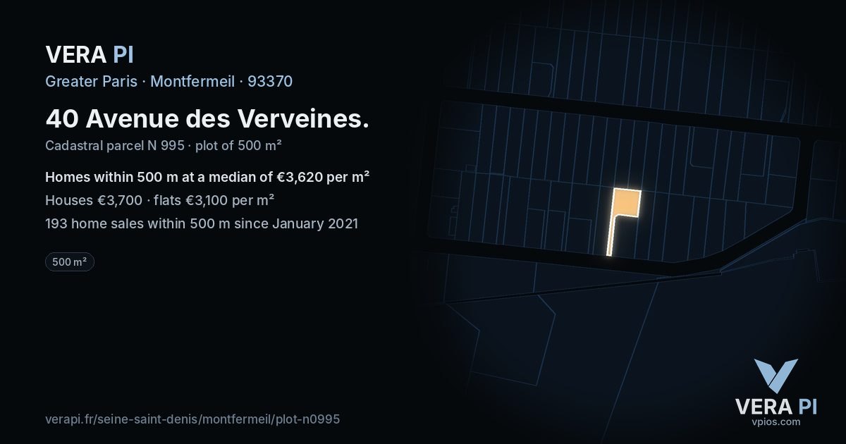 40 Avenue des Verveines, Montfermeil at night – the plot lit, the parcels around coloured by the prices near them