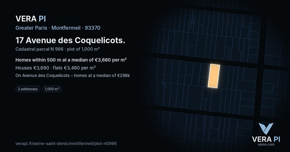 17 Avenue des Coquelicots, Montfermeil at night – the plot lit, the parcels around coloured by the prices near them