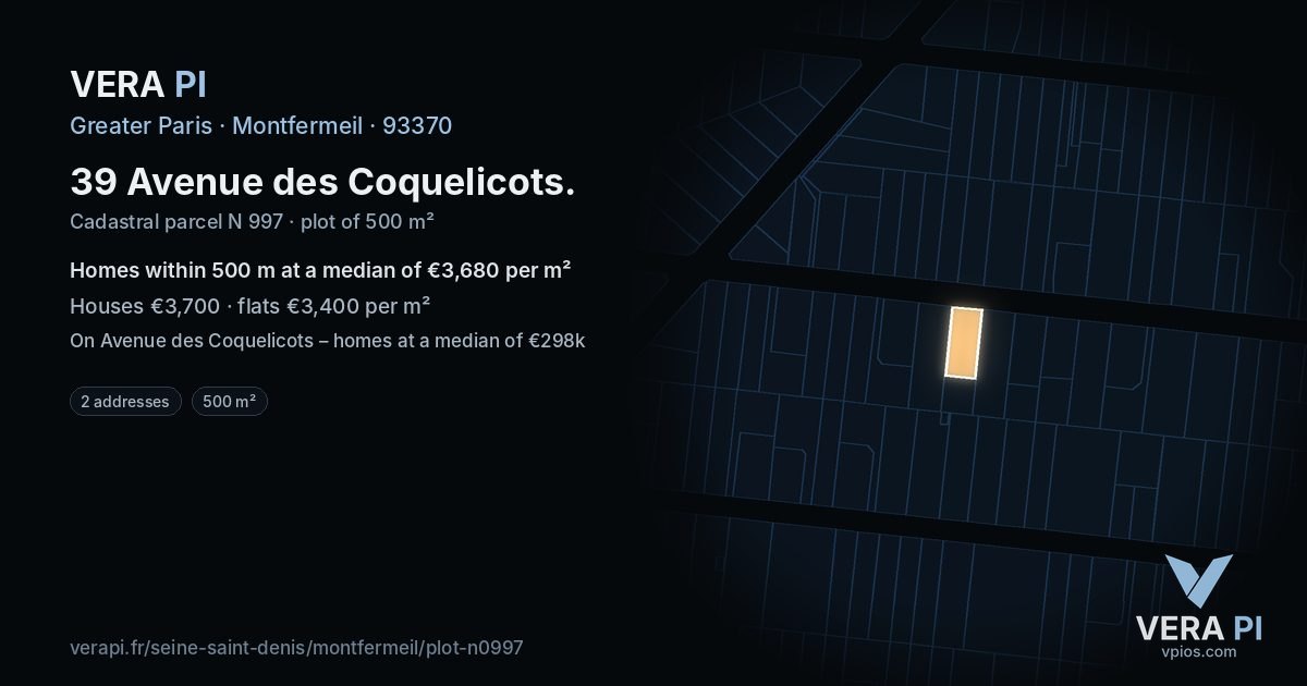 39 Avenue des Coquelicots, Montfermeil at night – the plot lit, the parcels around coloured by the prices near them