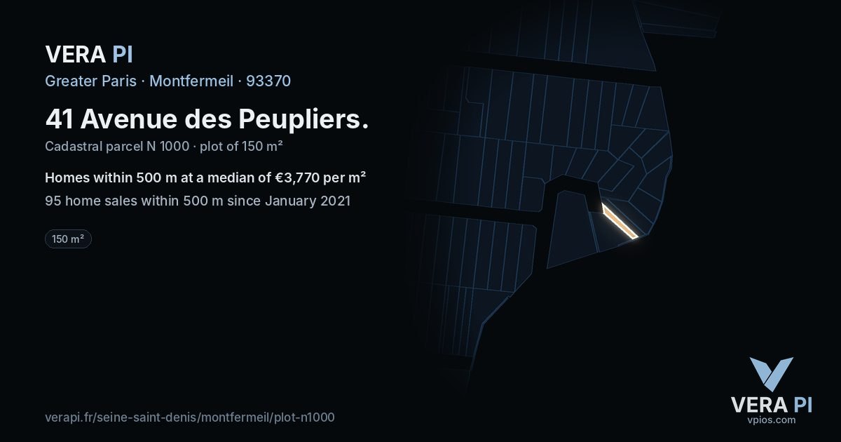 41 Avenue des Peupliers, Montfermeil at night – the plot lit, the parcels around coloured by the prices near them