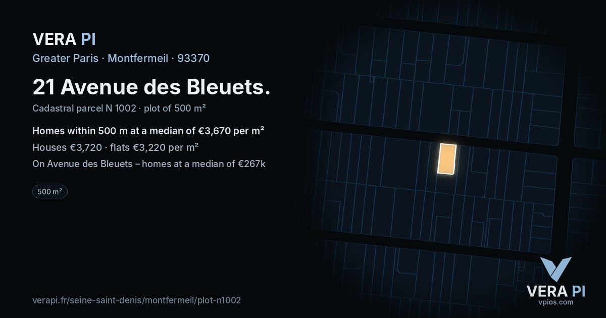 21 Avenue des Bleuets, Montfermeil at night – the plot lit, the parcels around coloured by the prices near them