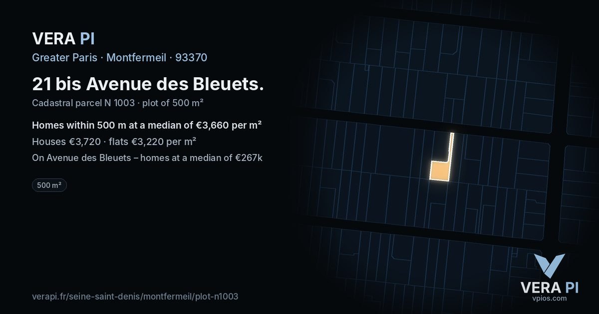21 bis Avenue des Bleuets, Montfermeil at night – the plot lit, the parcels around coloured by the prices near them