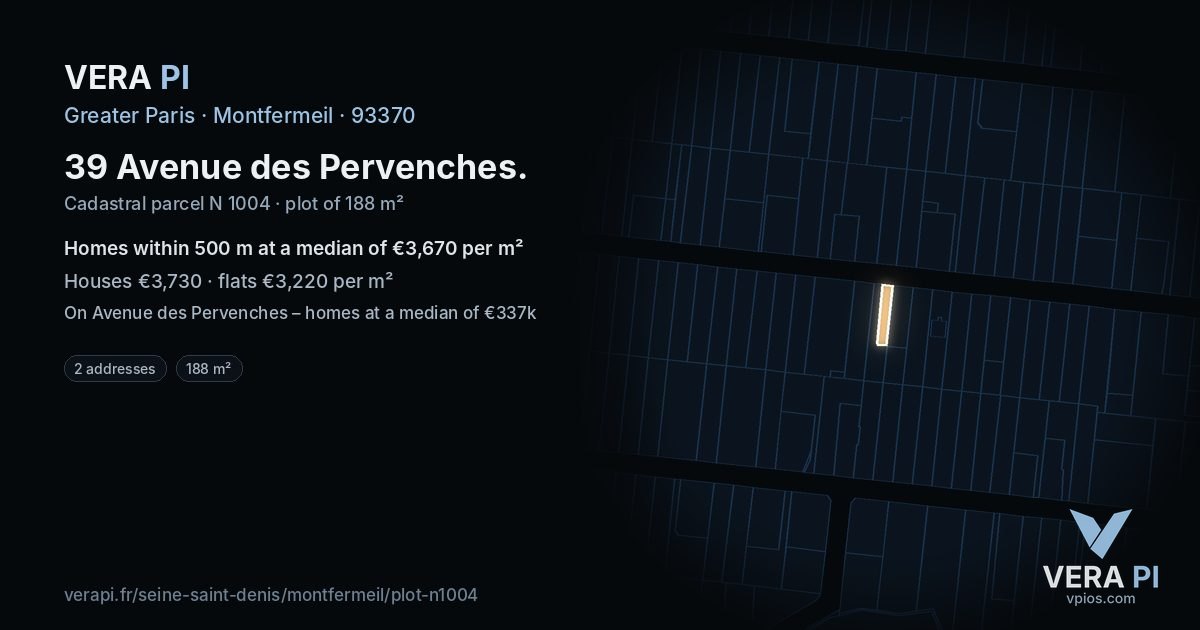 39 Avenue des Pervenches, Montfermeil at night – the plot lit, the parcels around coloured by the prices near them