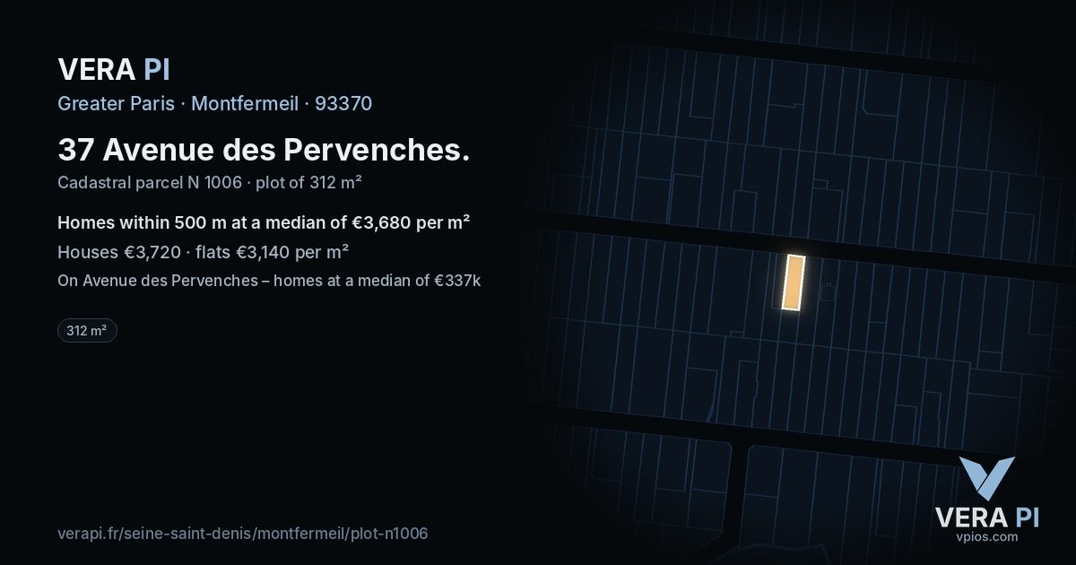 37 Avenue des Pervenches, Montfermeil at night – the plot lit, the parcels around coloured by the prices near them