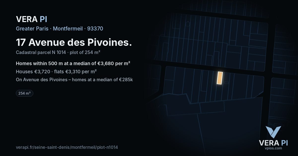17 Avenue des Pivoines, Montfermeil at night – the plot lit, the parcels around coloured by the prices near them