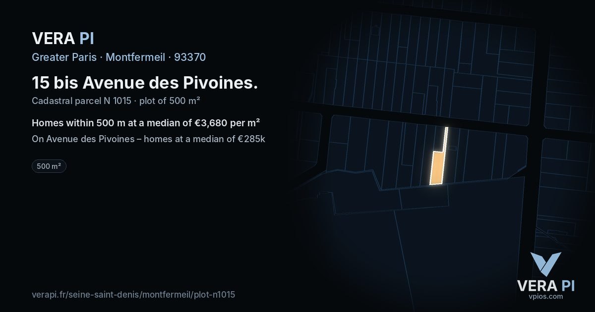 15 bis Avenue des Pivoines, Montfermeil at night – the plot lit, the parcels around coloured by the prices near them