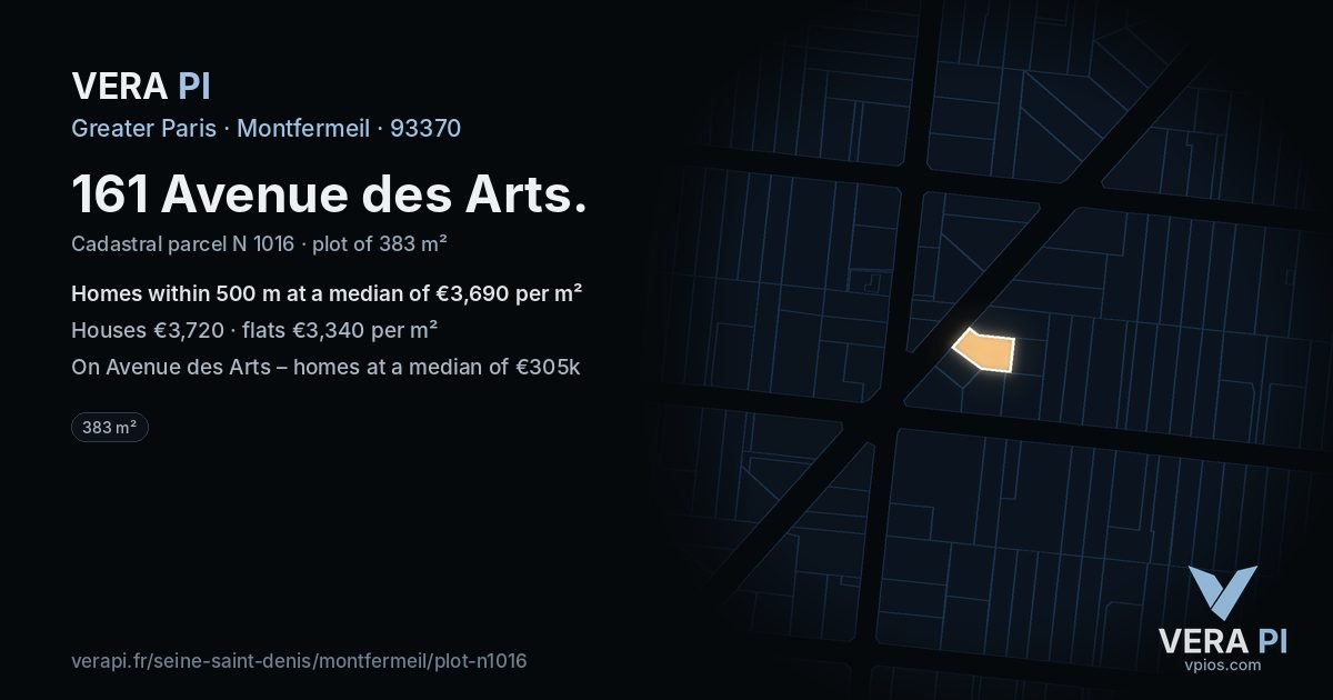 161 Avenue des Arts, Montfermeil at night – the plot lit, the parcels around coloured by the prices near them