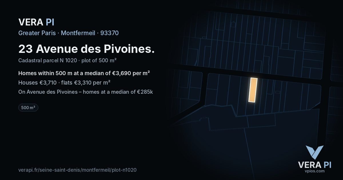 23 Avenue des Pivoines, Montfermeil at night – the plot lit, the parcels around coloured by the prices near them