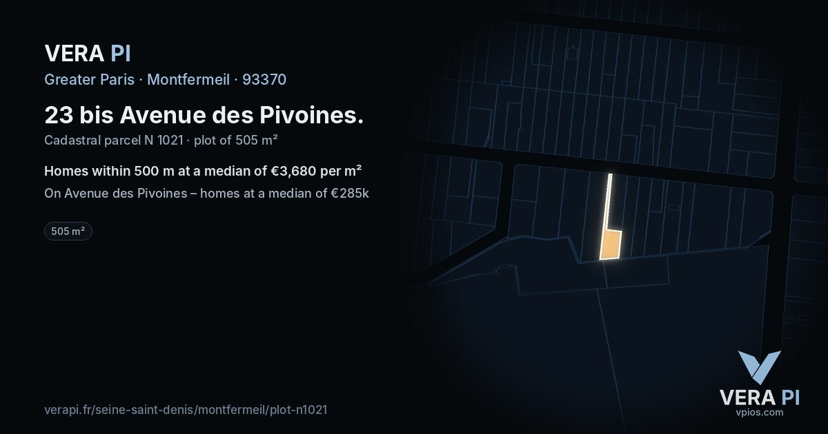 23 bis Avenue des Pivoines, Montfermeil at night – the plot lit, the parcels around coloured by the prices near them