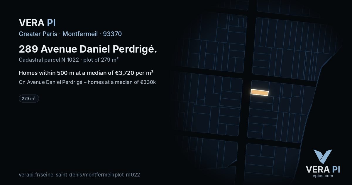 289 Avenue Daniel Perdrigé, Montfermeil at night – the plot lit, the parcels around coloured by the prices near them