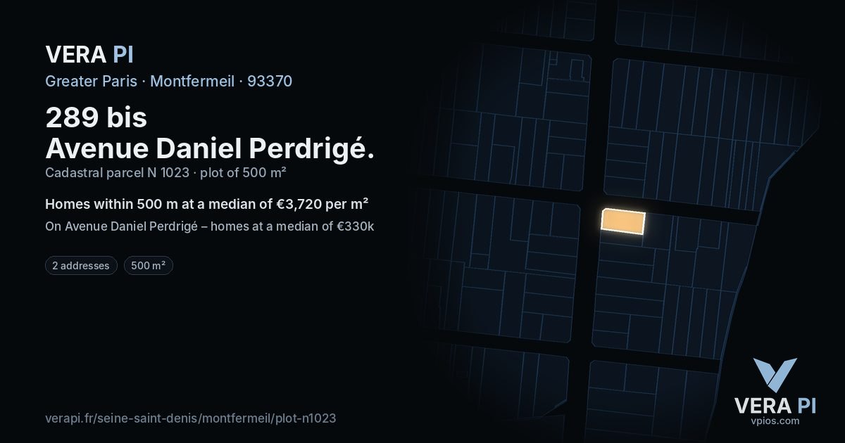289 bis Avenue Daniel Perdrigé, Montfermeil at night – the plot lit, the parcels around coloured by the prices near them