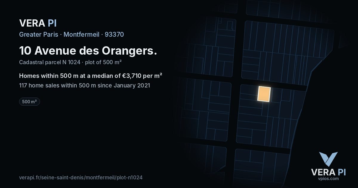 10 Avenue des Orangers, Montfermeil at night – the plot lit, the parcels around coloured by the prices near them