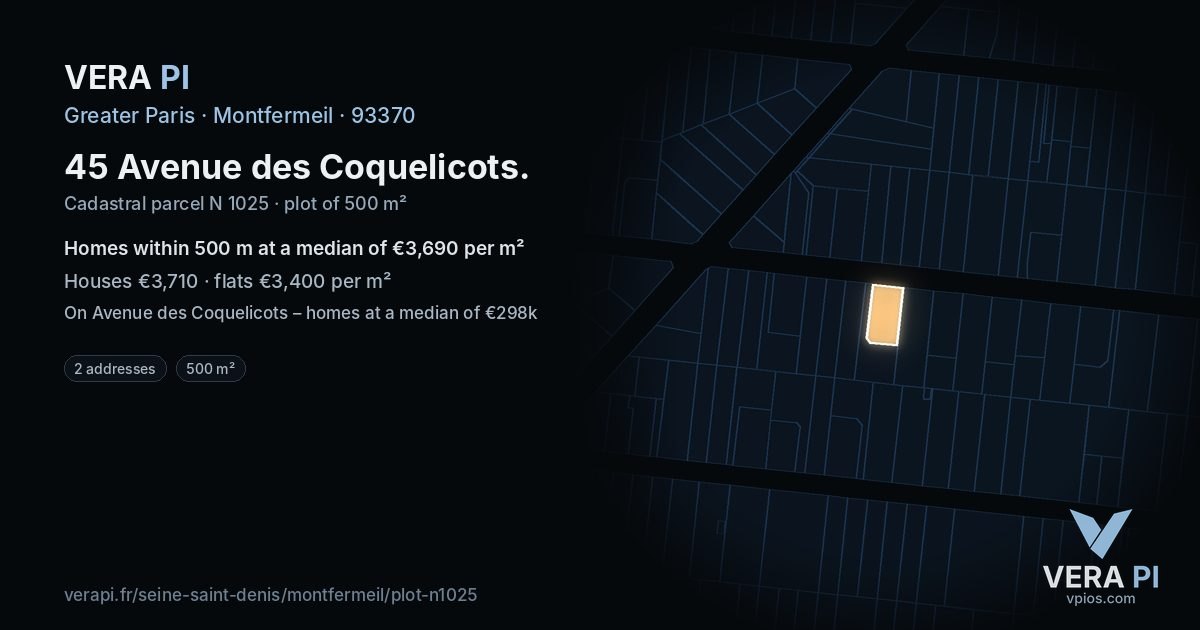 45 Avenue des Coquelicots, Montfermeil at night – the plot lit, the parcels around coloured by the prices near them