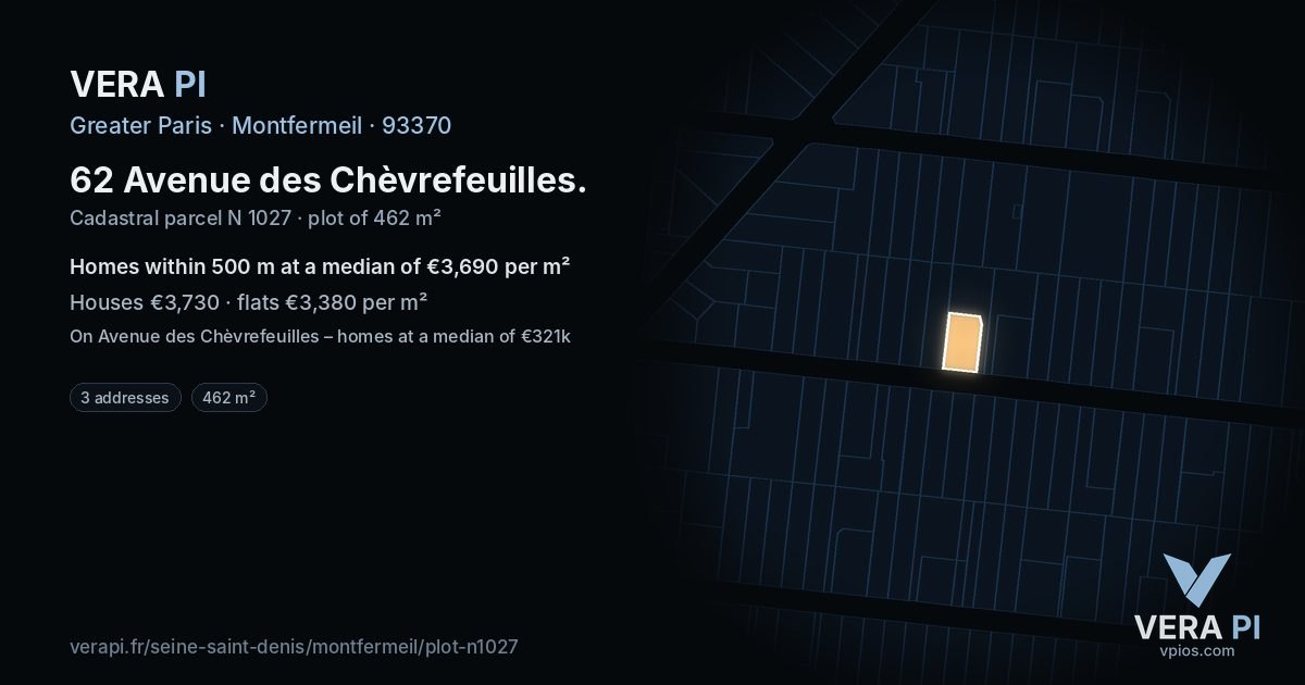 62 Avenue des Chèvrefeuilles, Montfermeil at night – the plot lit, the parcels around coloured by the prices near them