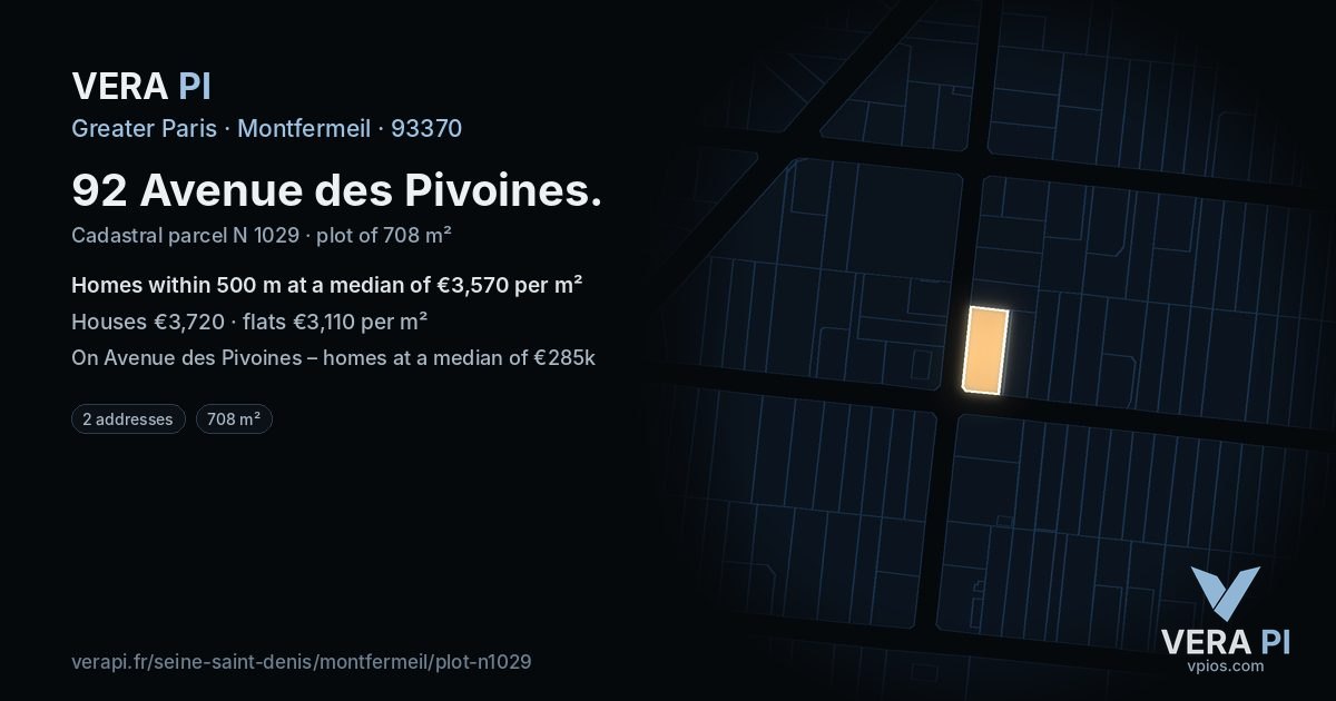 92 Avenue des Pivoines, Montfermeil at night – the plot lit, the parcels around coloured by the prices near them