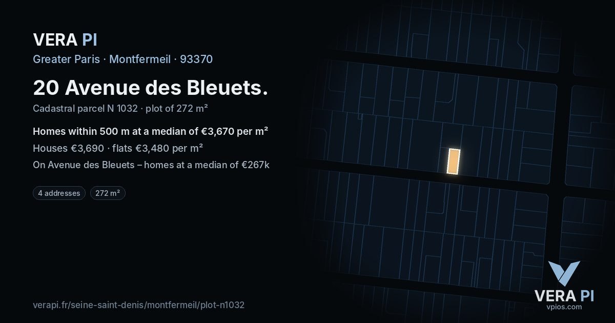 20 Avenue des Bleuets, Montfermeil at night – the plot lit, the parcels around coloured by the prices near them
