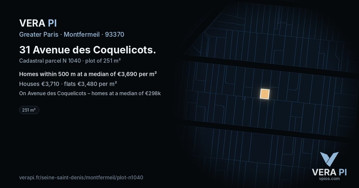 31 Avenue des Coquelicots, Montfermeil at night – the plot lit, the parcels around coloured by the prices near them