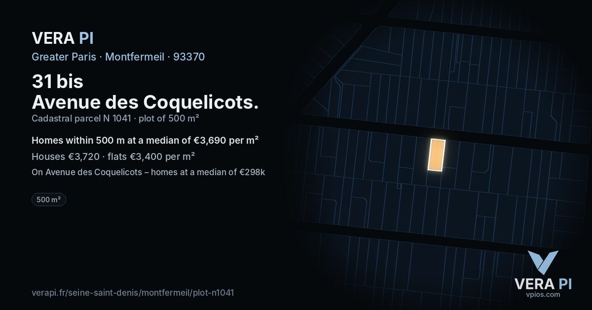 31 bis Avenue des Coquelicots, Montfermeil at night – the plot lit, the parcels around coloured by the prices near them