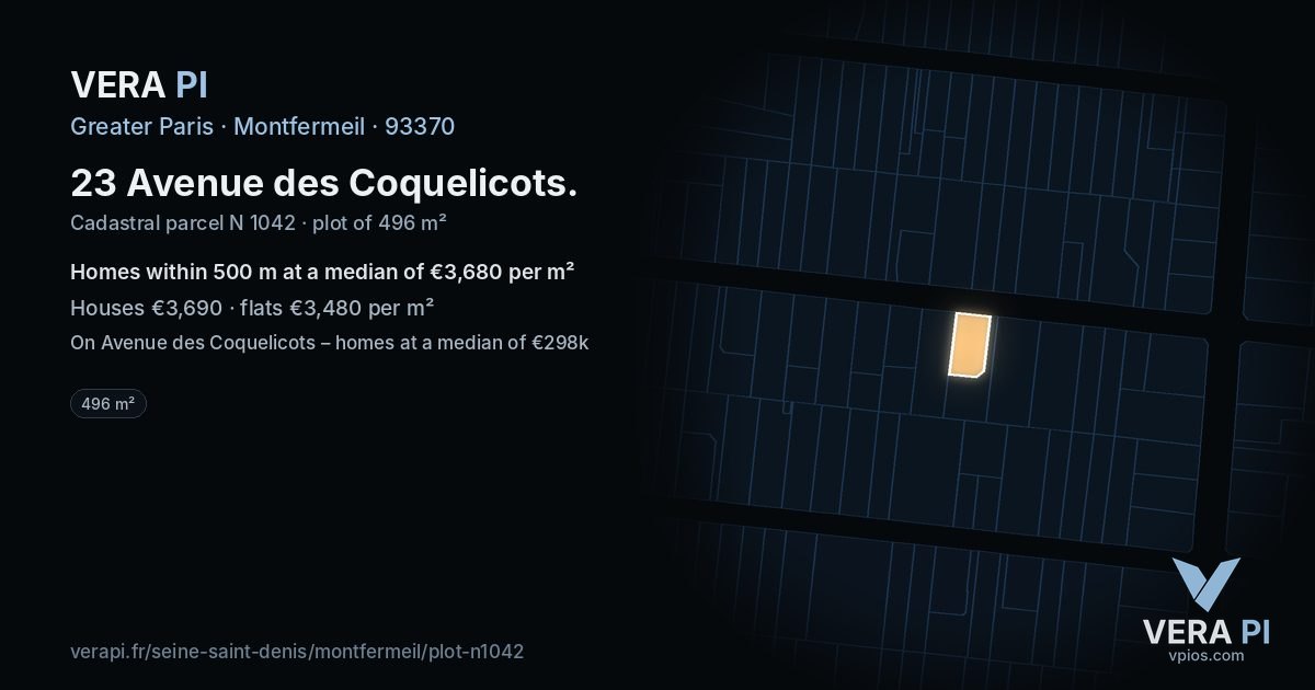 23 Avenue des Coquelicots, Montfermeil at night – the plot lit, the parcels around coloured by the prices near them