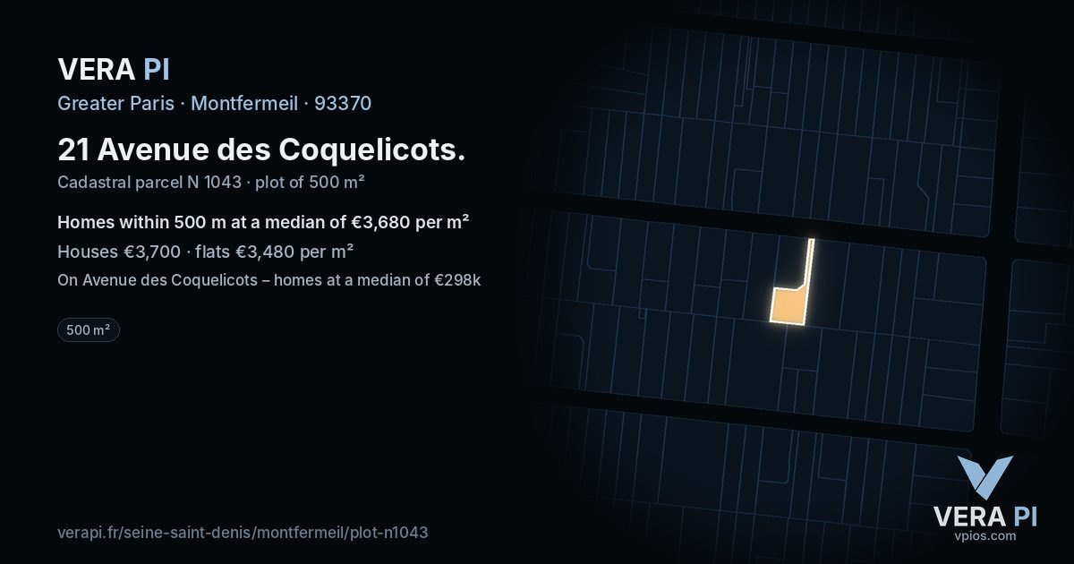 21 Avenue des Coquelicots, Montfermeil at night – the plot lit, the parcels around coloured by the prices near them
