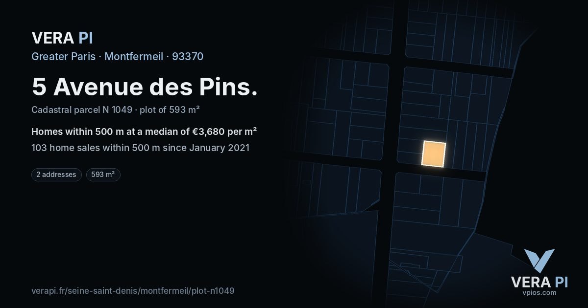 5 Avenue des Pins, Montfermeil at night – the plot lit, the parcels around coloured by the prices near them