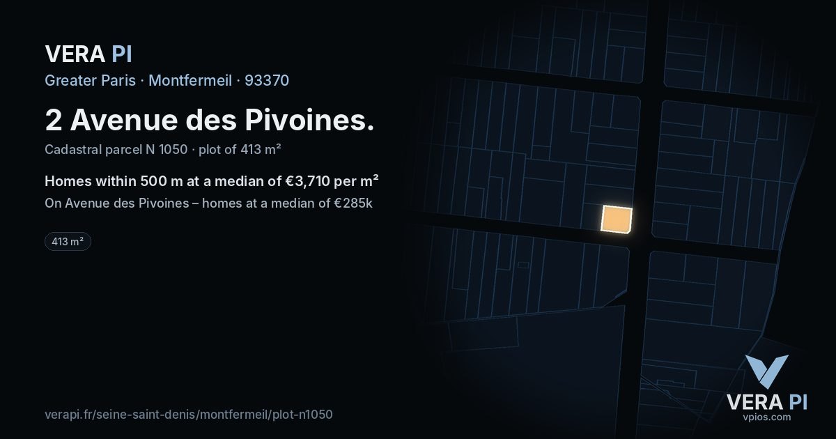 2 Avenue des Pivoines, Montfermeil at night – the plot lit, the parcels around coloured by the prices near them