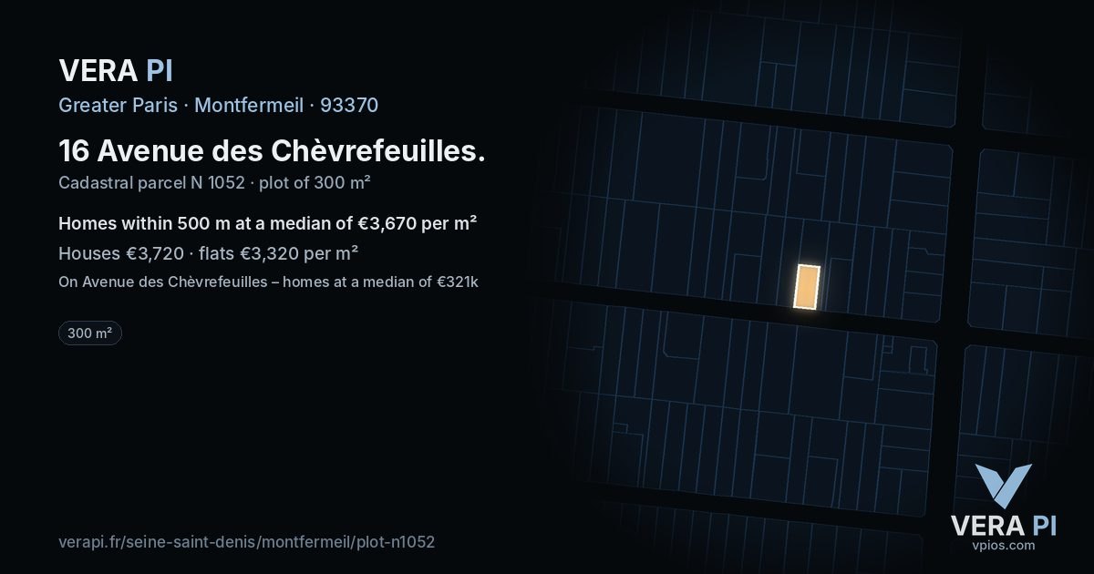 16 Avenue des Chèvrefeuilles, Montfermeil at night – the plot lit, the parcels around coloured by the prices near them