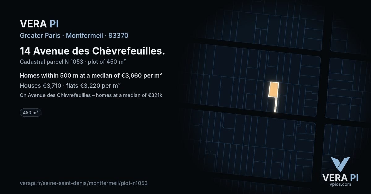 14 Avenue des Chèvrefeuilles, Montfermeil at night – the plot lit, the parcels around coloured by the prices near them
