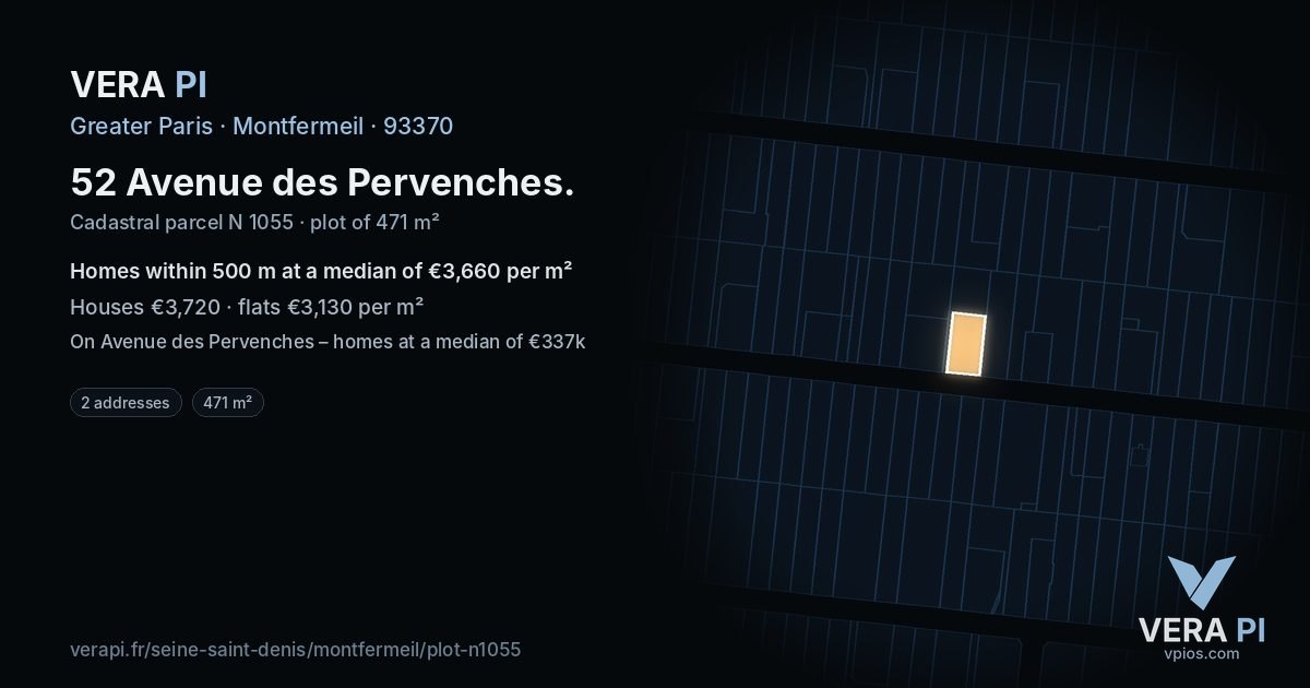 52 Avenue des Pervenches, Montfermeil at night – the plot lit, the parcels around coloured by the prices near them