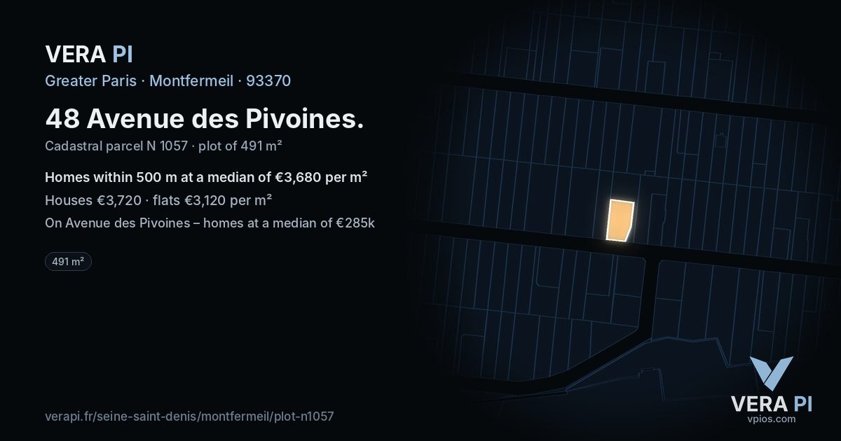 48 Avenue des Pivoines, Montfermeil at night – the plot lit, the parcels around coloured by the prices near them
