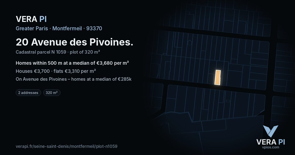 20 Avenue des Pivoines, Montfermeil at night – the plot lit, the parcels around coloured by the prices near them