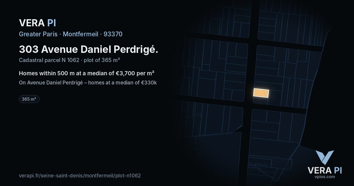 303 Avenue Daniel Perdrigé, Montfermeil at night – the plot lit, the parcels around coloured by the prices near them