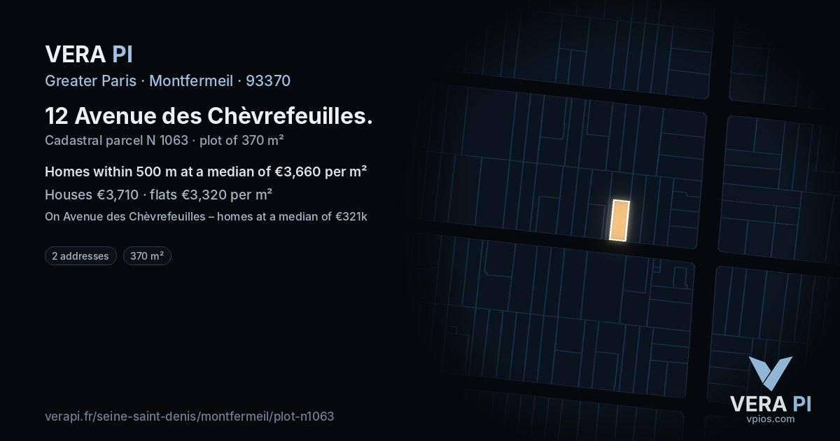 12 Avenue des Chèvrefeuilles, Montfermeil at night – the plot lit, the parcels around coloured by the prices near them