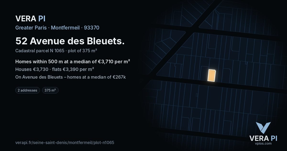 52 Avenue des Bleuets, Montfermeil at night – the plot lit, the parcels around coloured by the prices near them