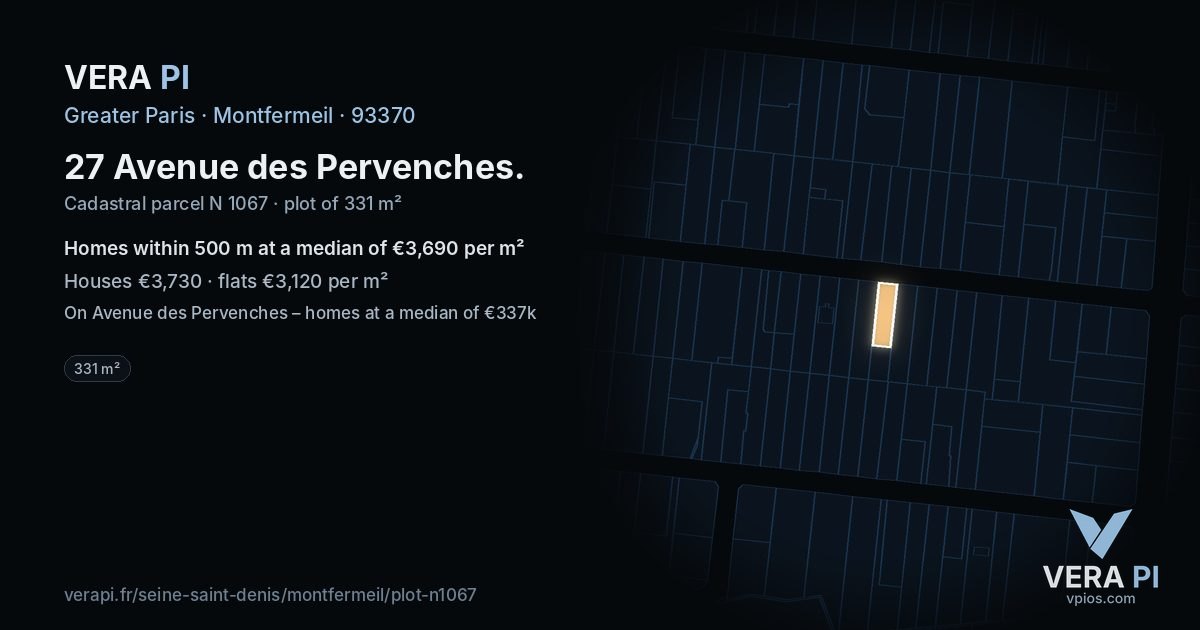 27 Avenue des Pervenches, Montfermeil at night – the plot lit, the parcels around coloured by the prices near them