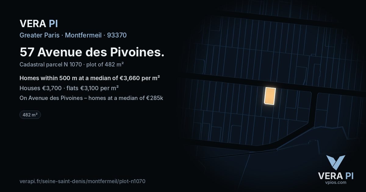 57 Avenue des Pivoines, Montfermeil at night – the plot lit, the parcels around coloured by the prices near them