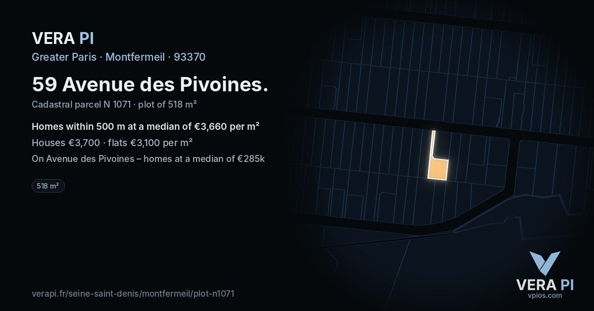 59 Avenue des Pivoines, Montfermeil at night – the plot lit, the parcels around coloured by the prices near them