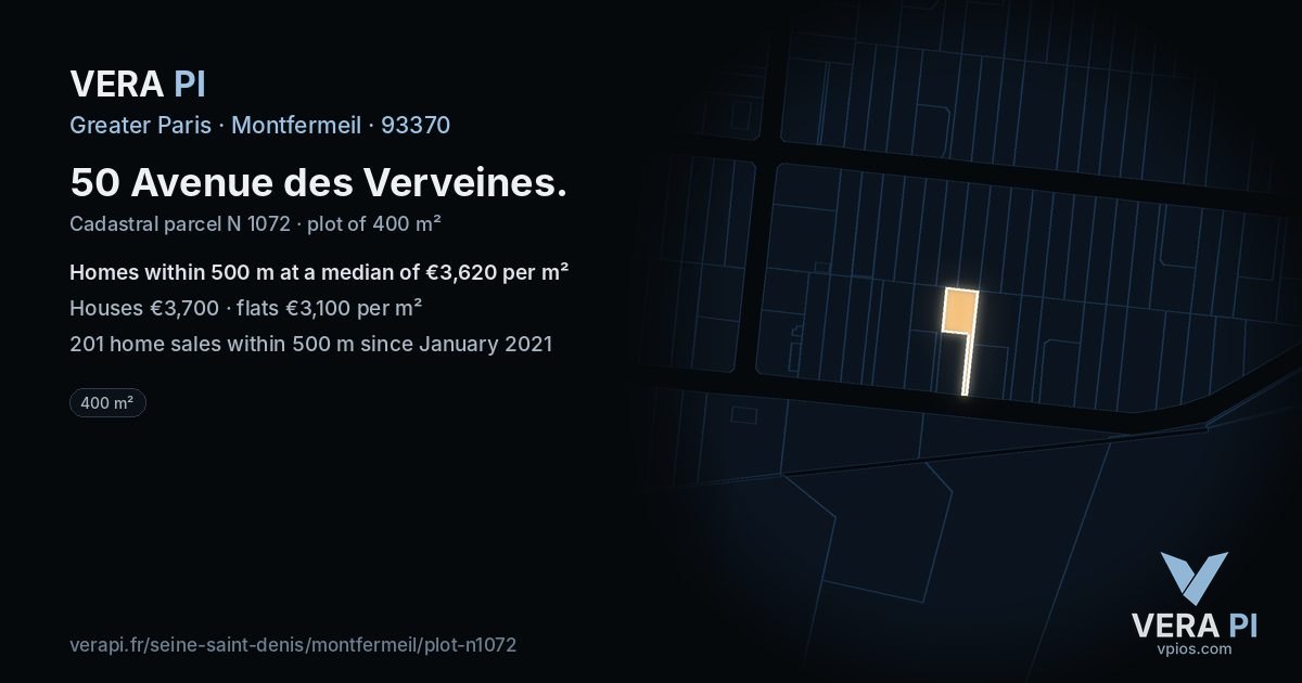 50 Avenue des Verveines, Montfermeil at night – the plot lit, the parcels around coloured by the prices near them