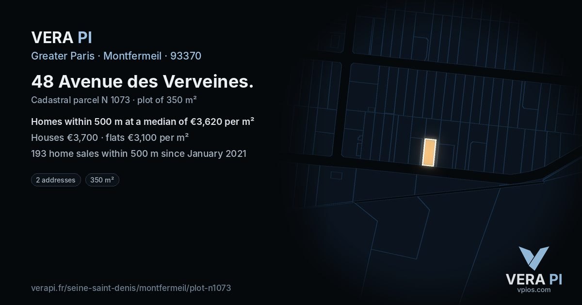 48 Avenue des Verveines, Montfermeil at night – the plot lit, the parcels around coloured by the prices near them