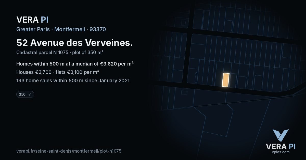 52 Avenue des Verveines, Montfermeil at night – the plot lit, the parcels around coloured by the prices near them