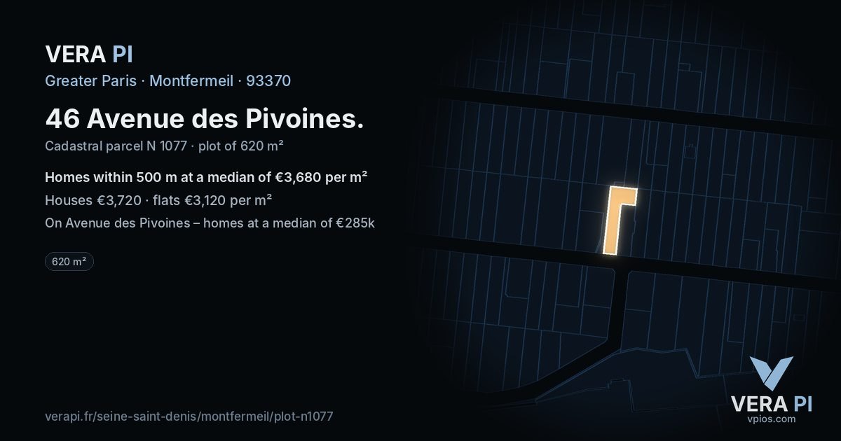 46 Avenue des Pivoines, Montfermeil at night – the plot lit, the parcels around coloured by the prices near them
