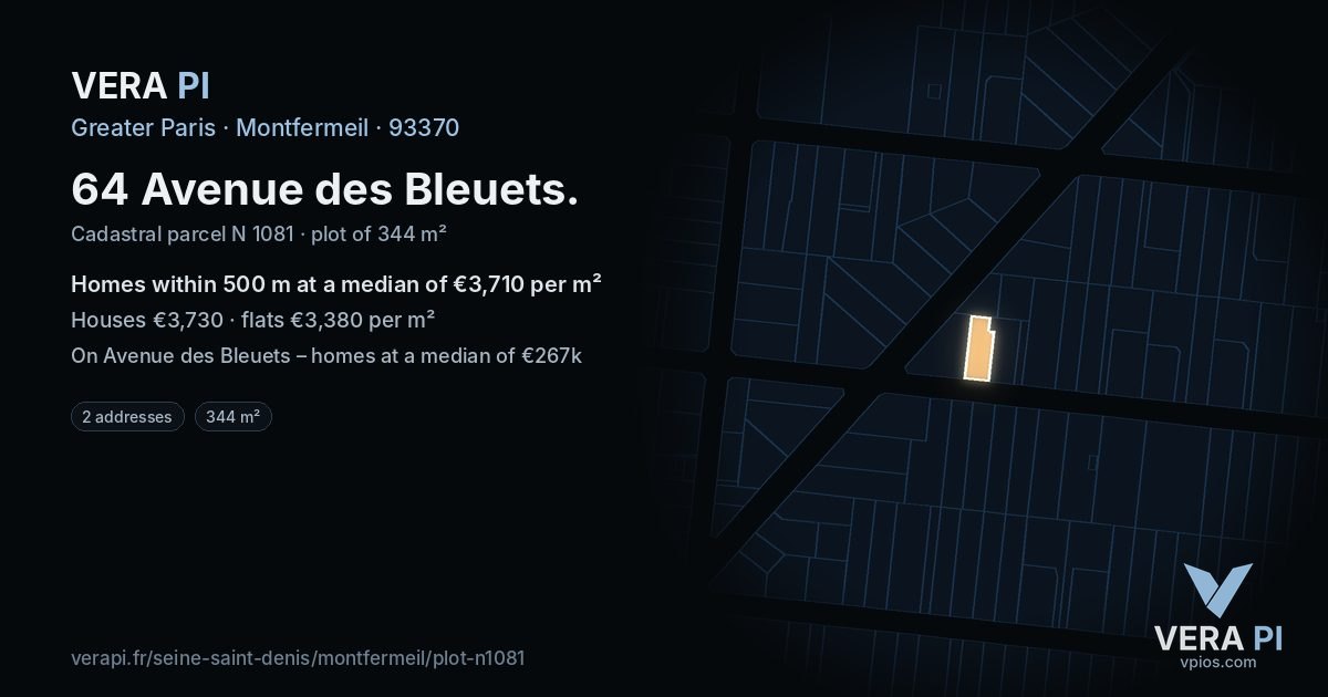 64 Avenue des Bleuets, Montfermeil at night – the plot lit, the parcels around coloured by the prices near them